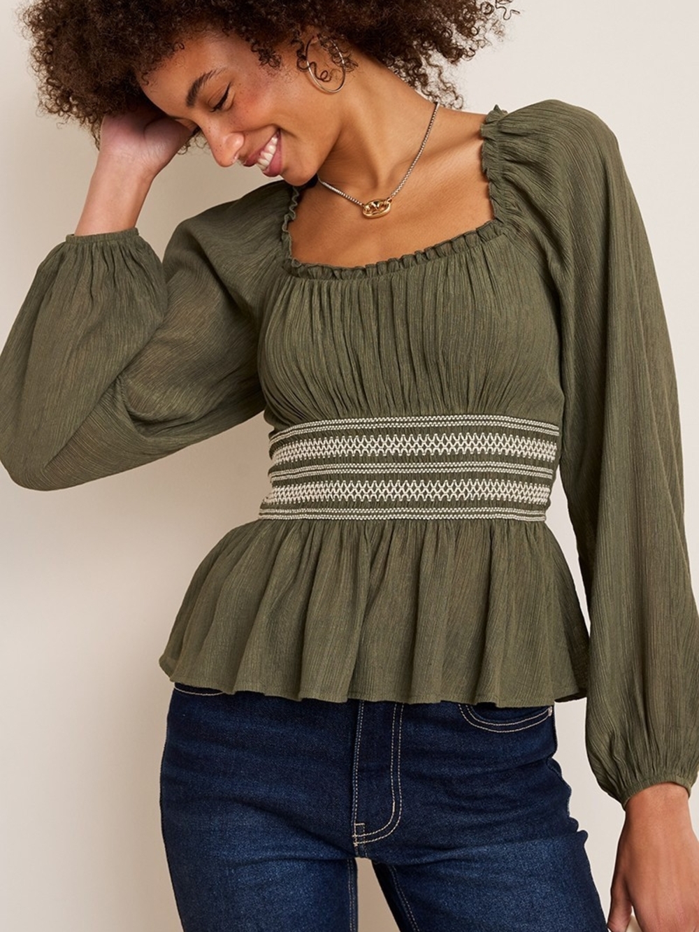 Francesca's| Elena Contrast Stitch Blouse in olive green | Size Small